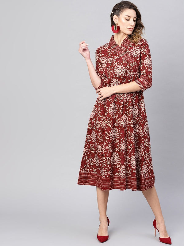 Women's  Maroon & Beige Printed Wrap Dress - AKS