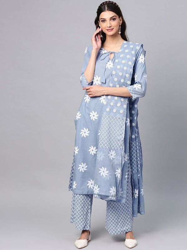 Women's  Blue & White Printed Kurta with Palazzos & Dupatta - AKS