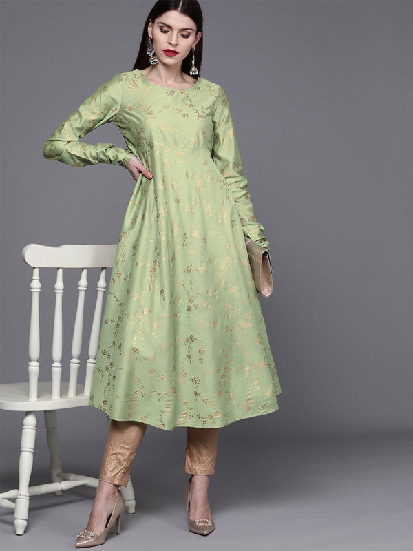 Women's Green printed anarkali kurta - Aks