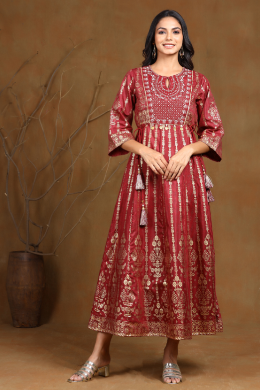 Women's Maroon Shantoon Printed Anarkali Dress - Juniper