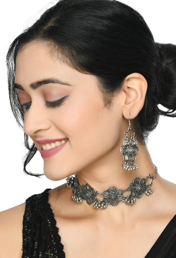 Indiakreations Silver color Oxidised Necklace Set With Ghungru Jkms_115