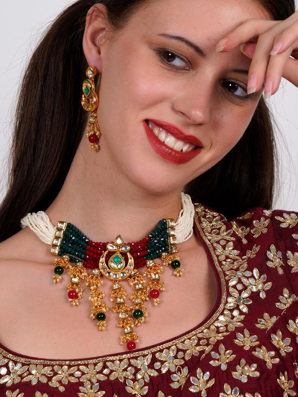 Women's Elegant Red-Green Crystal, Pearl, & Kundan Choker With Earrings! - Odette