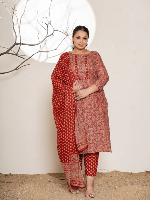 Maroon Embroidered Cotton Plus Size Kurta Dupatta Set-Indiakreations-JS6880PSKDMR3XL