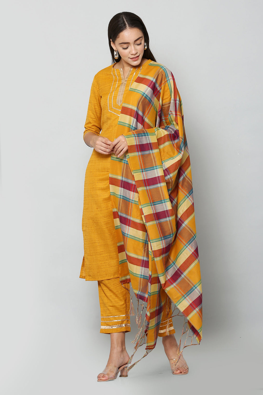 Women's Mustard Color Cotton Blend Solid Kurta Pant Set With Dupatta  - Vaaba