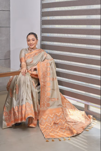 Women's Grey Devika Tussar Silk Copper Zari Woven Saree - TASARIKA