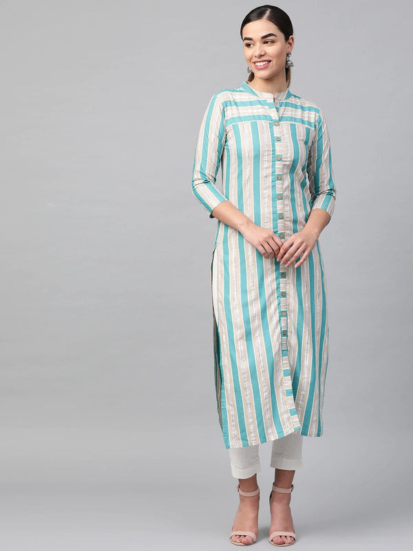 Women's KSUT Beige & Blue Striped Straight Kurta - Varanga