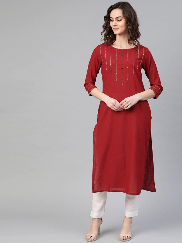 Women's KSUT Maroon Yoke Design Straight Kurta - Varanga