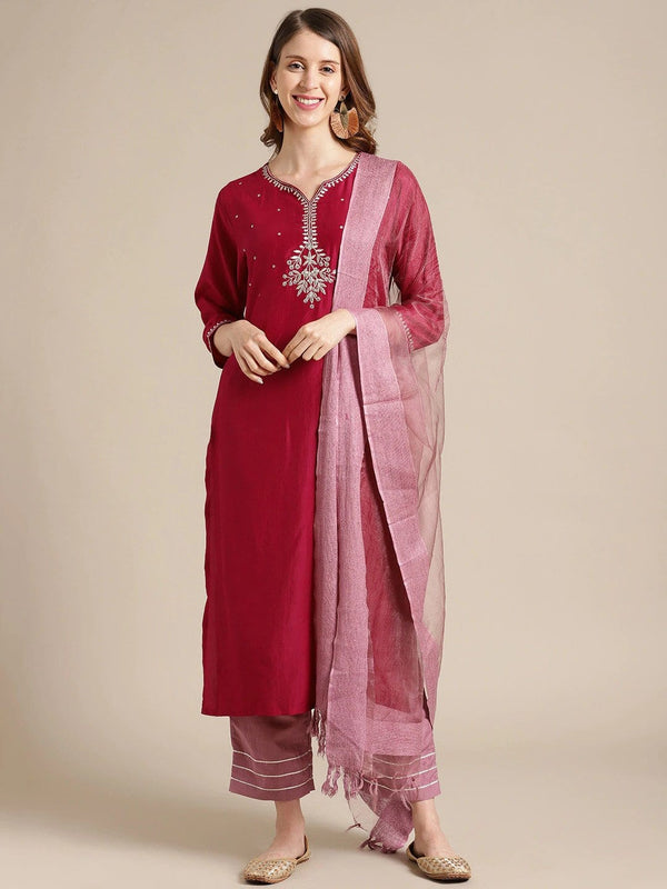 Women's Magenta Panelled Kurta with Trousers & Dupatta - Varanga