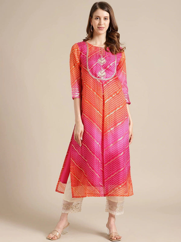 Women's Pink & Orange Striped Gotta Patti Cotton Kurta - Varanga