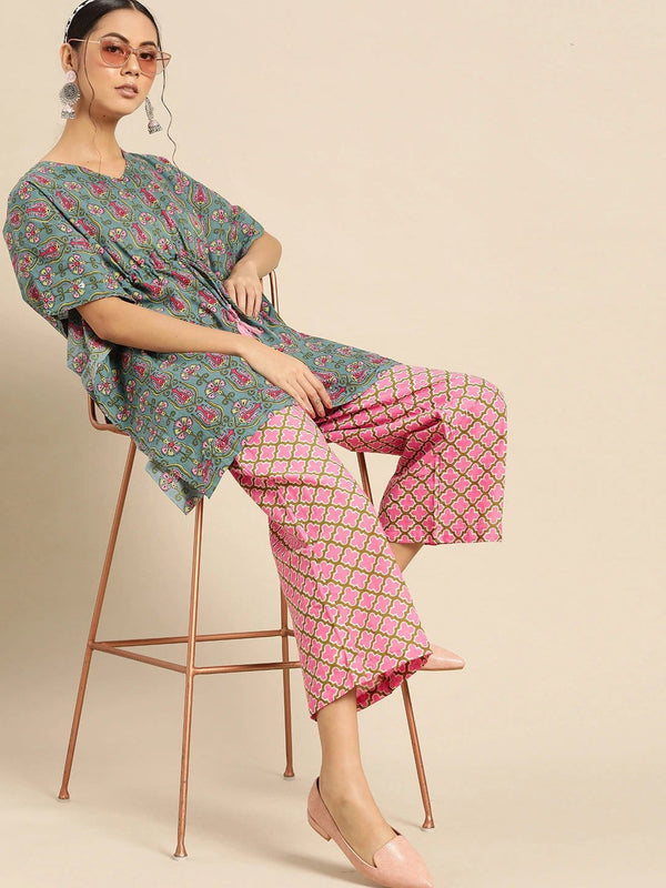 Women's Blue & Pink Pure Cotton Printed Tunic with Palazzos - Varanga