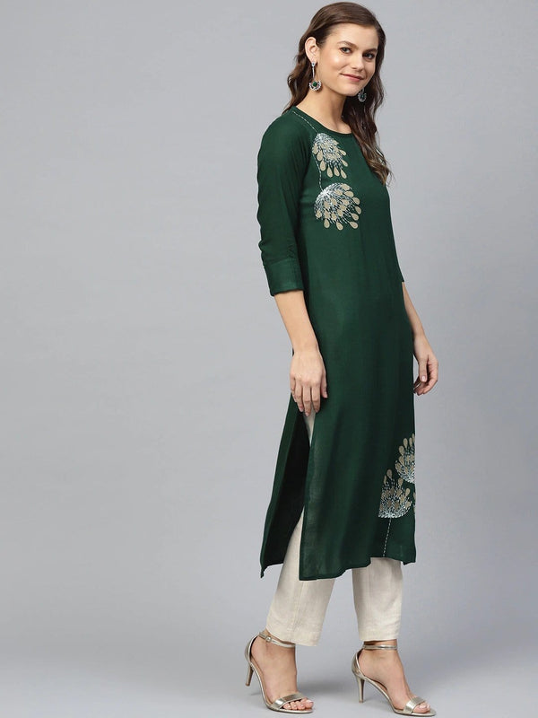 Women's KSUT Green Yoke Design Straight Kurta - Varanga