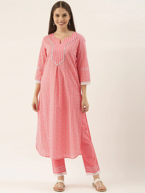 Women's Peach Bandhani Printed Gotta Patti Pure Cotton Kurta with Trousers - Varanga