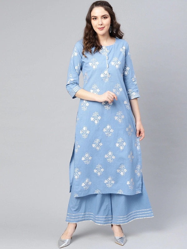 Women's Blue & Silver Printed Kurta with Palazzos - Varanga