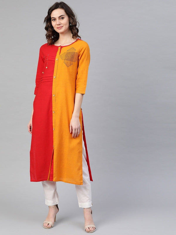 Women's KSUT Red & Mustard Yellow Colour blocked Straight Kurta - Varanga