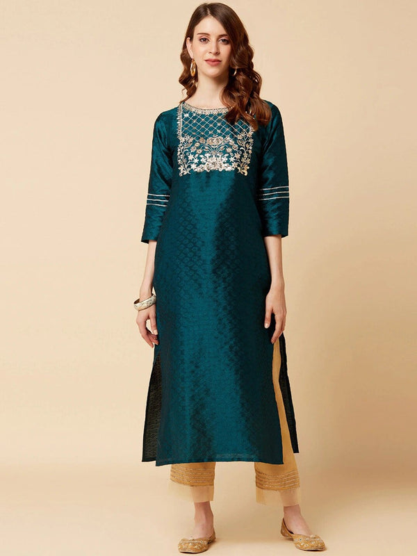 Women's Green & Gold-Toned Yoke Design Straight Embellished Kurta - Varanga