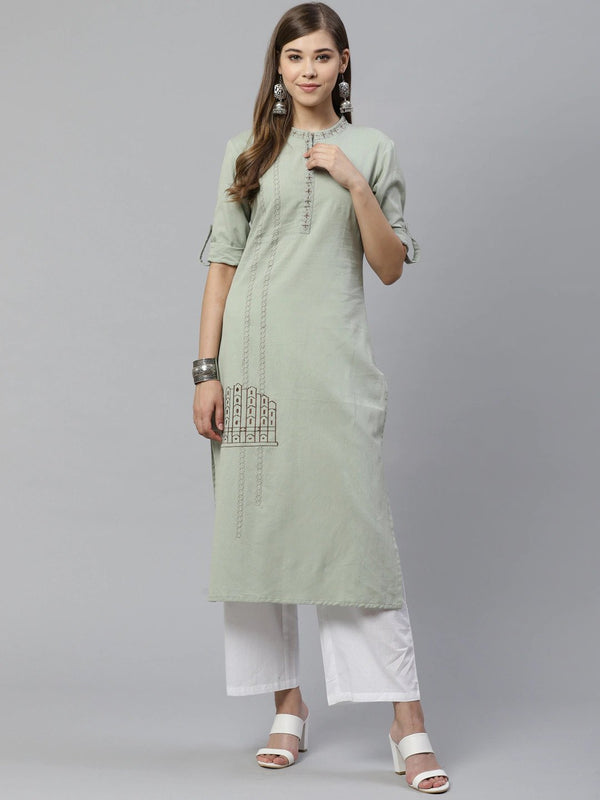 Women's Dusty Green Embroidered Kurta - Yufta