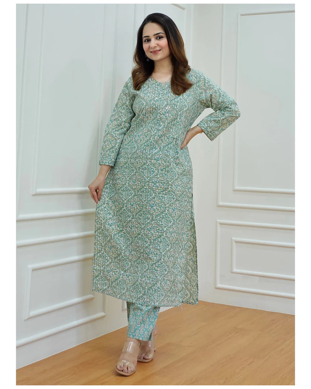 Women's Light Green Printed, Embroidered Viscose Rayon Kurta And Pant Set - Alvami