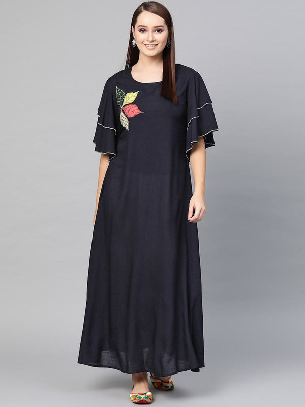 Women's  Navy Blue Embroidered A-Line Dress - AKS