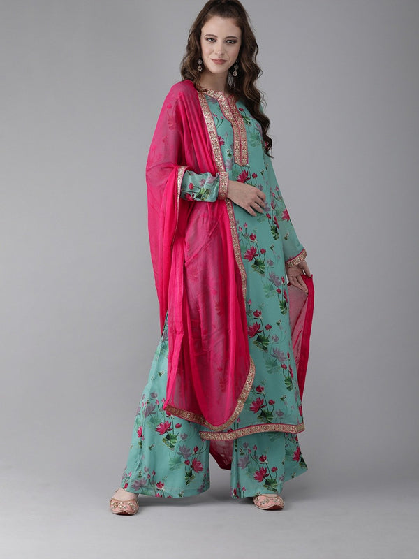 Women's  Turquoise Blue & Pink Printed Kurta with Palazzos & Dupatta - AKS