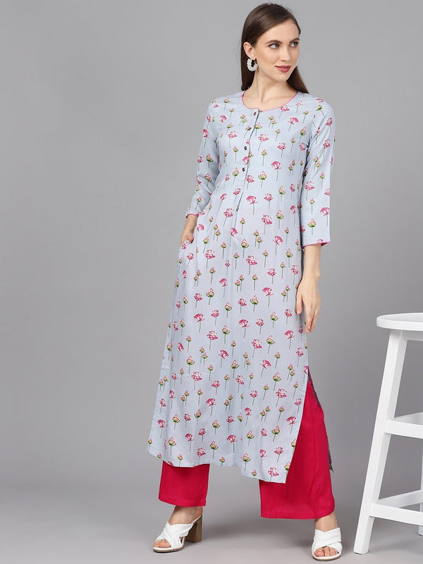 Women's  Blue & Pink Floral Print Straight Kurta - AKS