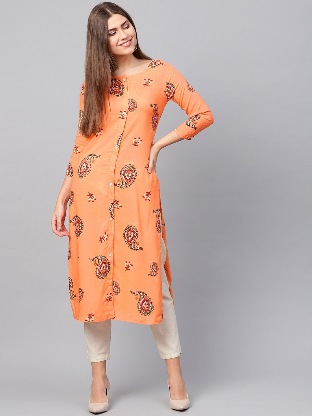 Women's Peach Straight Kurta - Yufta