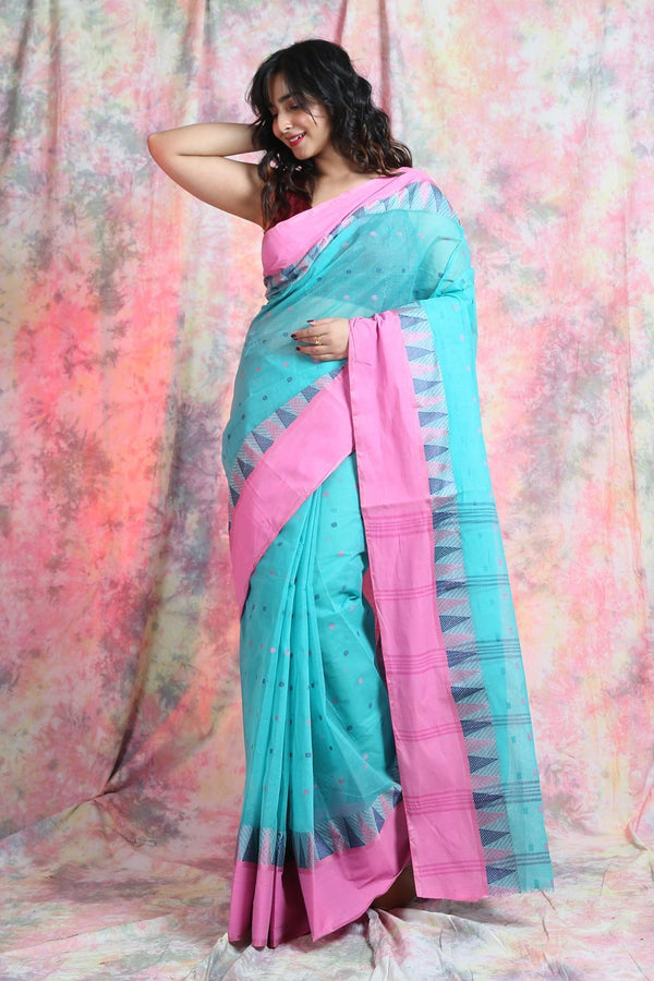 Women's Aqua Blue Handwoven Cotton Tant Saree - Arhi