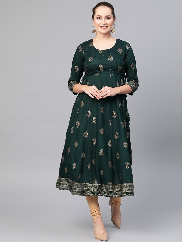 Women's  Green & Golden Screen Print A-Line Kurta - AKS