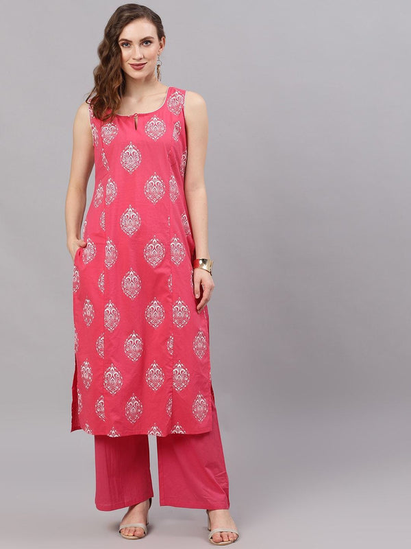 Women's  Pink and Silver Khari print Kurta with solid Palazzo- AKS