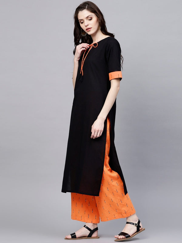 Women's  Black & Orange Solid Kurta with Palazzos - AKS