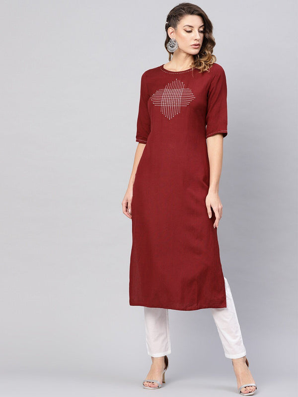 Women's  Maroon Yoke Design Straight Kurta - AKS