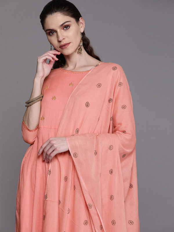 Women's  Peach-Coloured & Golden Yoke Design Anarkali Kurta With Dupatta - AKS