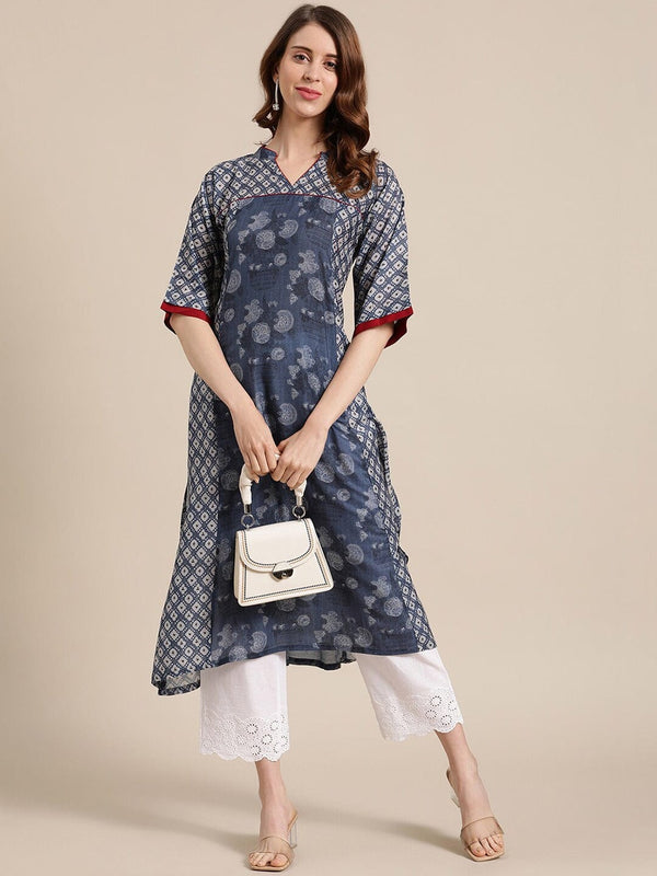 Women's Blue Ethnic Motifs Printed Kurta - Varanga