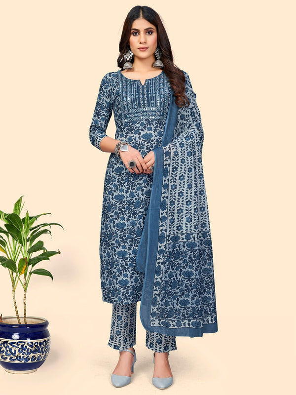 Women's Print & Embroidered Straight Cotton Blue Stitched Kurta Pant With Dupatta - Vbuyz