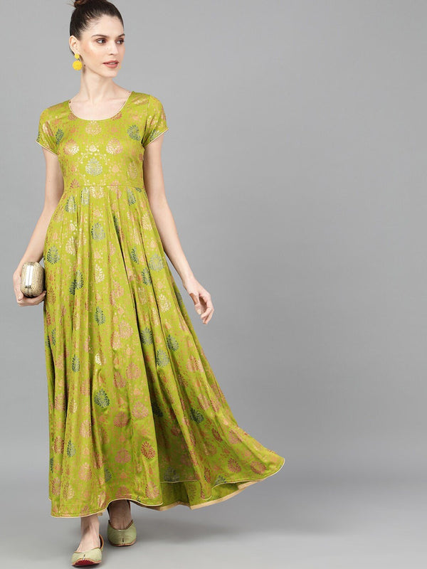 Women's  Green Printed Ethnic Maxi Dress - AKS