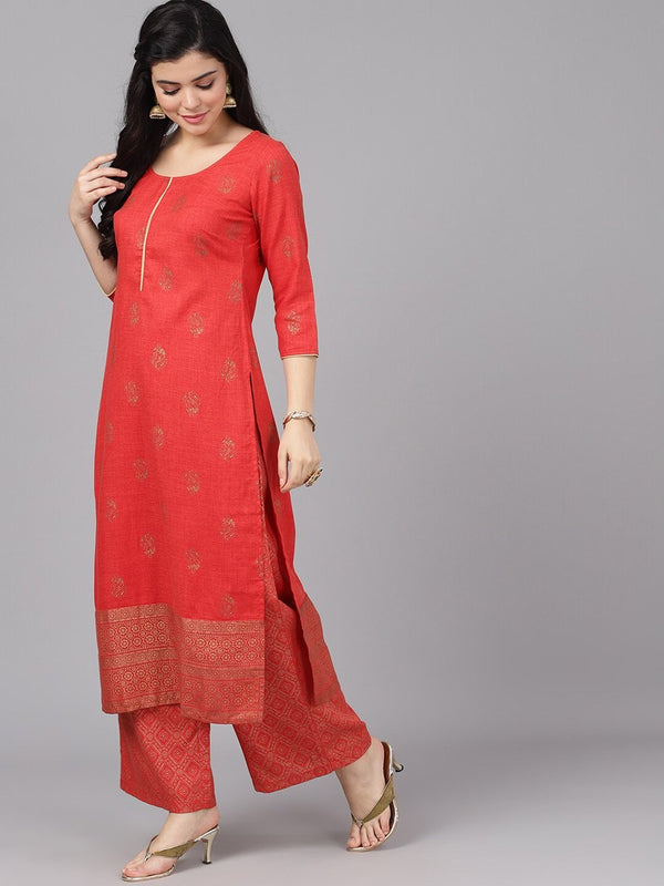 Women's  Red & Gold-Toned Printed Kurta with Palazzos - AKS