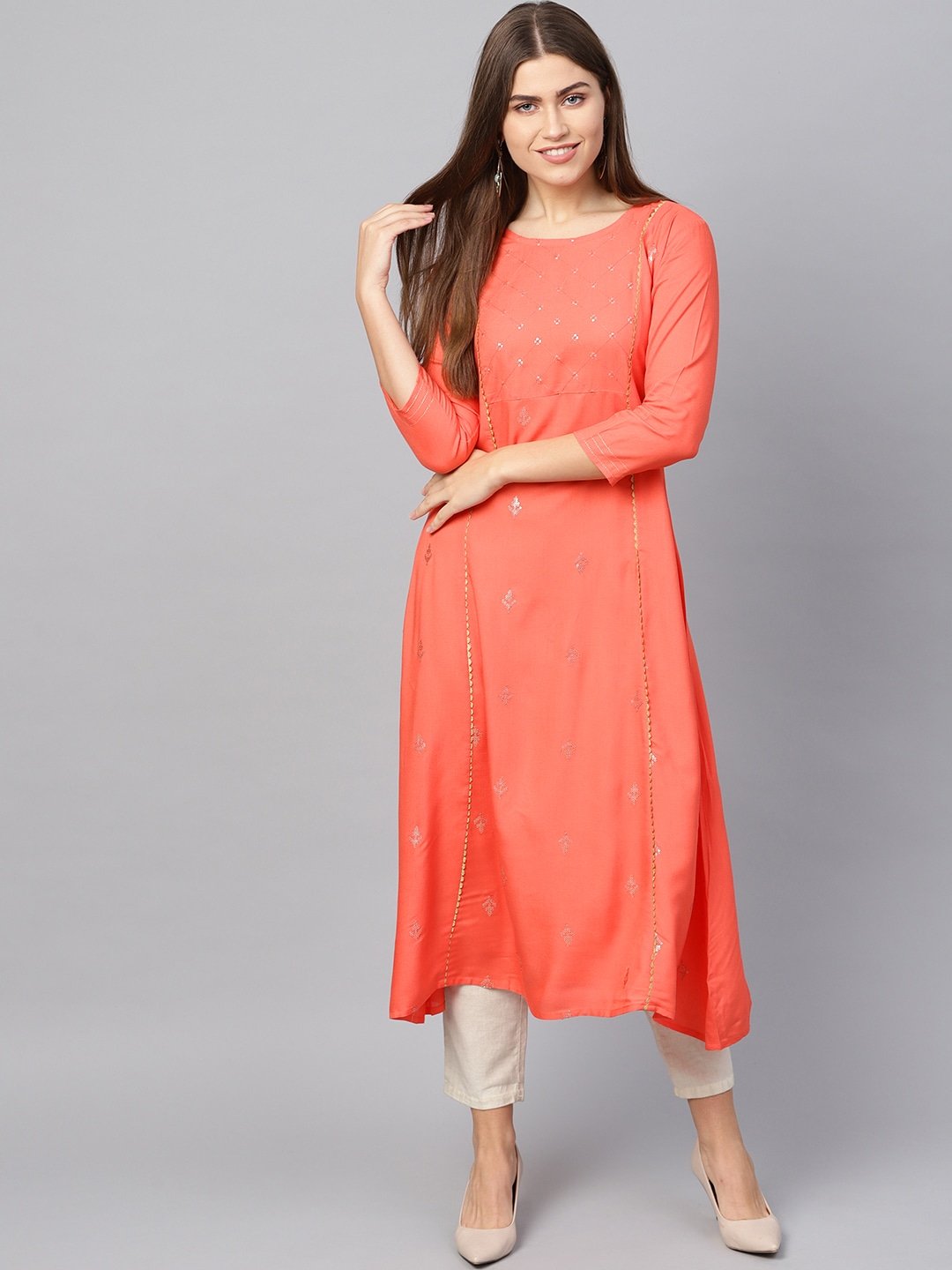 Women's Peach Embroidered Kurta - Yufta