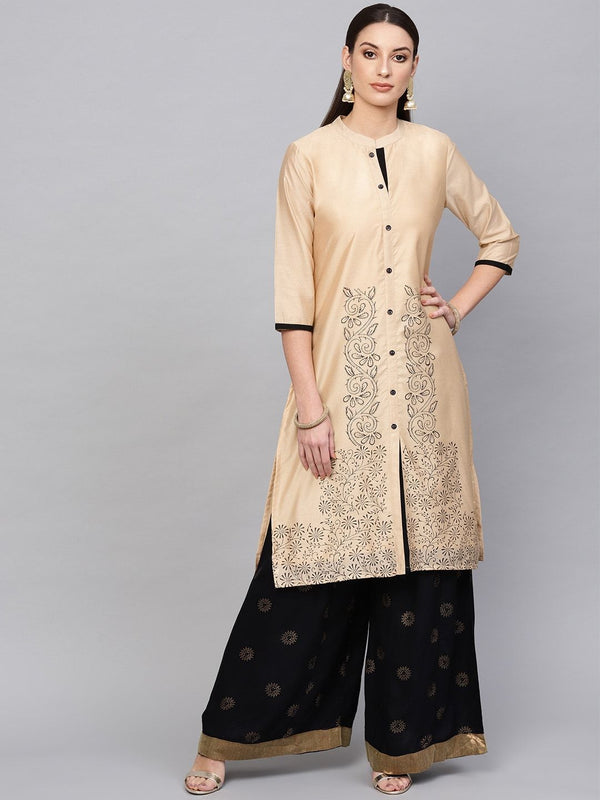 Women's  Beige & Black Printed Straight Kurta - AKS