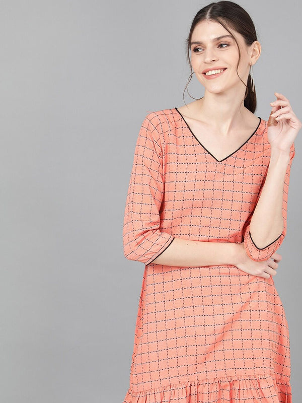 Women's  Peach-Coloured Checked Drop-Waist Dress - AKS