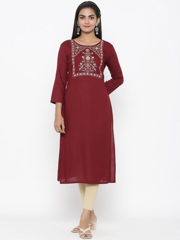 Women's Maroon Embroidered Kurta - Yufta