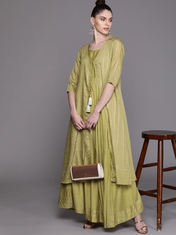 Women's  Olive Green & Golden Striped Layered Maxi Dress - AKS