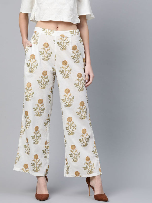 Women's  Off-White & Golden Printed Straight Palazzos - AKS