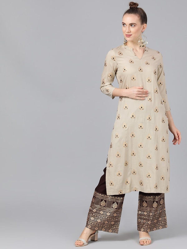 Women's  Nude-Coloured & Brown Foil Printed Kurta with Palazzos - AKS