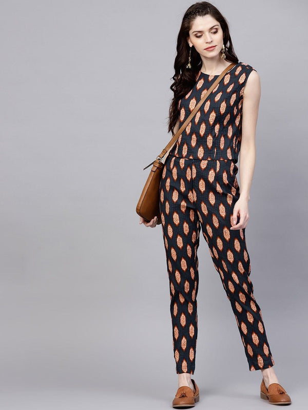 Women's  Navy Blue & Orange Regular Fit Printed Trousers With Pintucks - AKS