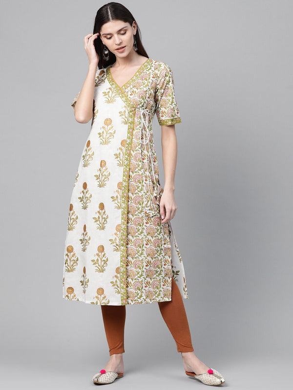 Women's  White & Green Angrakha Printed Straight Kurta - AKS