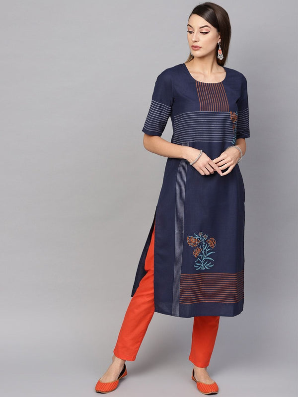 Women's  Navy Blue & Orange Block Print Straight Kurta - AKS