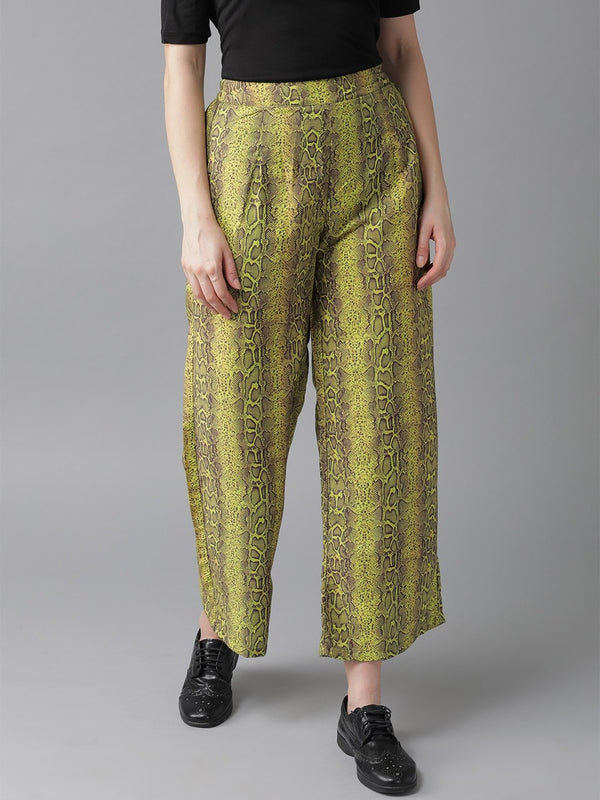 Women's  Lime Green & Coffee Brown Snakeskin Print Cropped Straight Palazzos - AKS