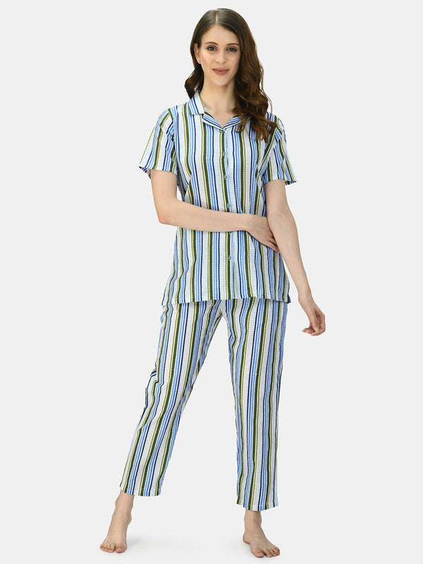 Women's Multicolor Cotton Printed Half Sleeve Coller Casual Night Suit - Myshka