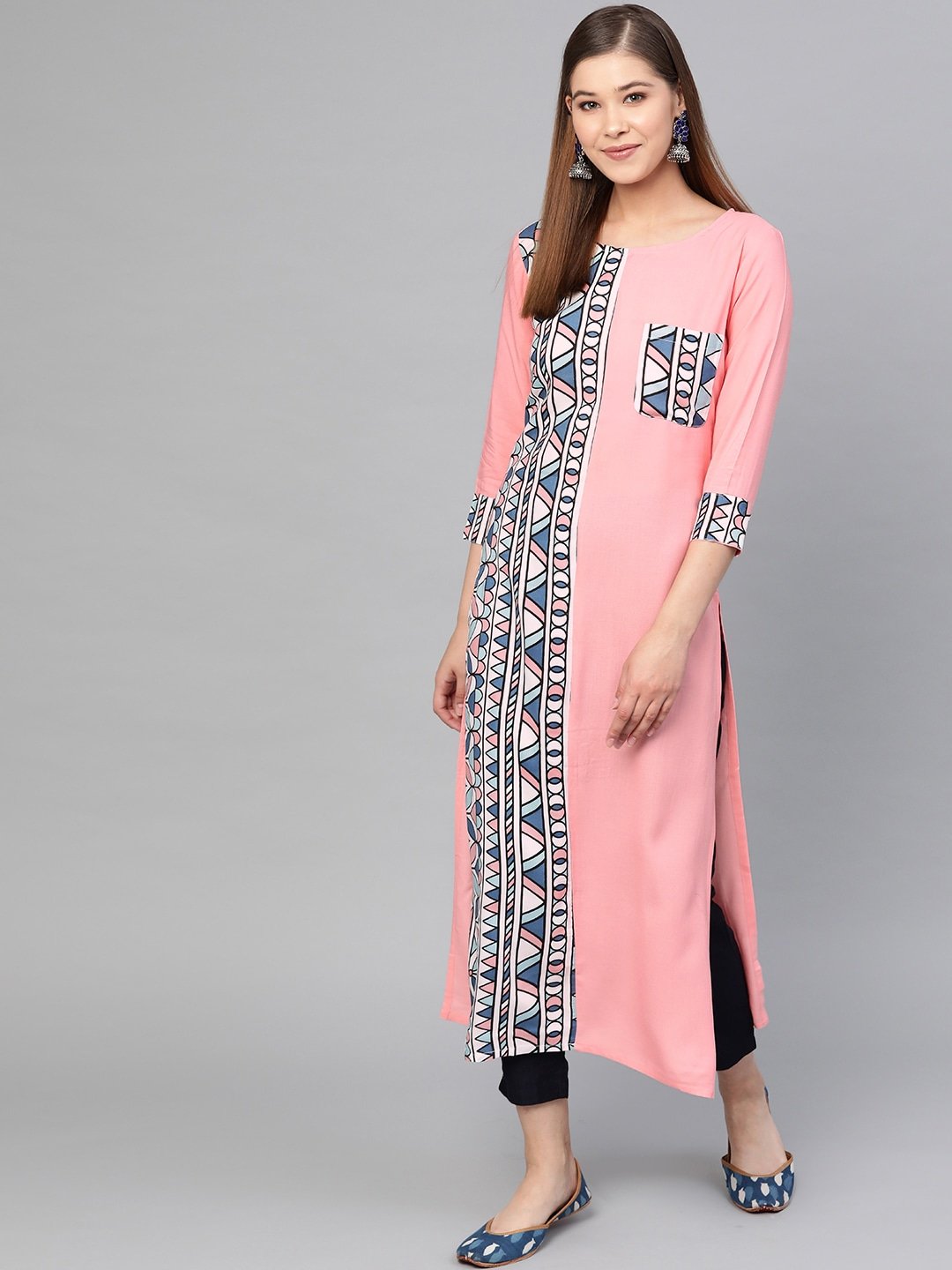 Women's Peach Printed Kurta - Yufta