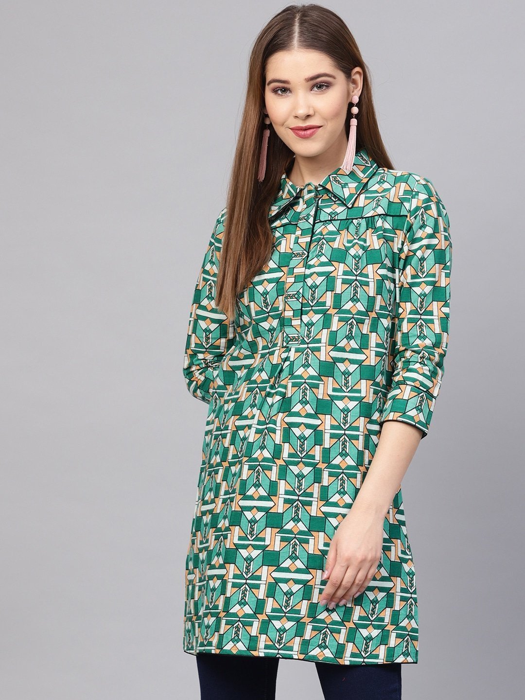 Women's Green Printed Tunic - Yufta