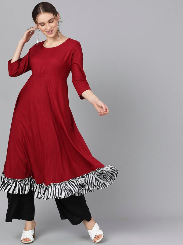 Women's  Maroon Black Solid Anarkali Kurta - AKS